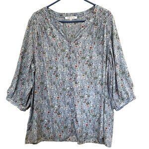 Rose + Olive Floral Peasant Top 1X Ditsy‎ Smocked Button Boho Fairy Cottagecore